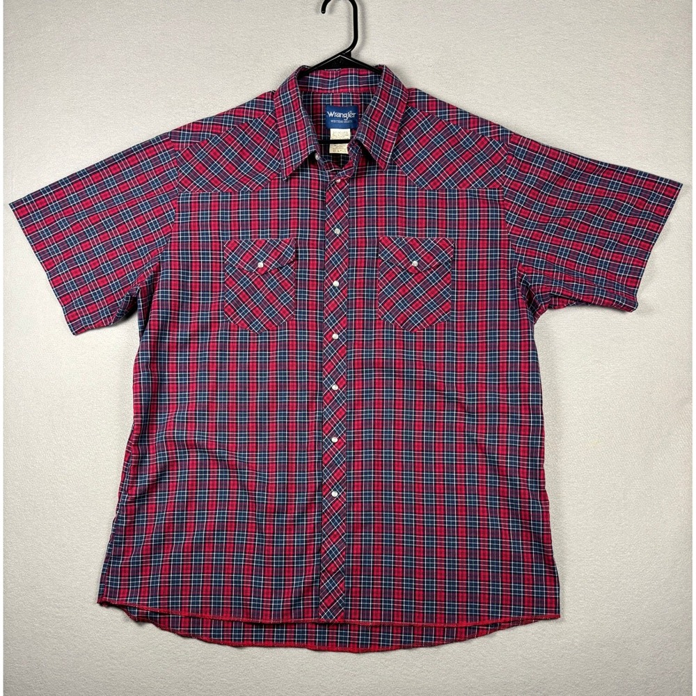 Wrangler Western Shirt Pearl Snap Plaid Short Sleeve 2XT Red Navy
